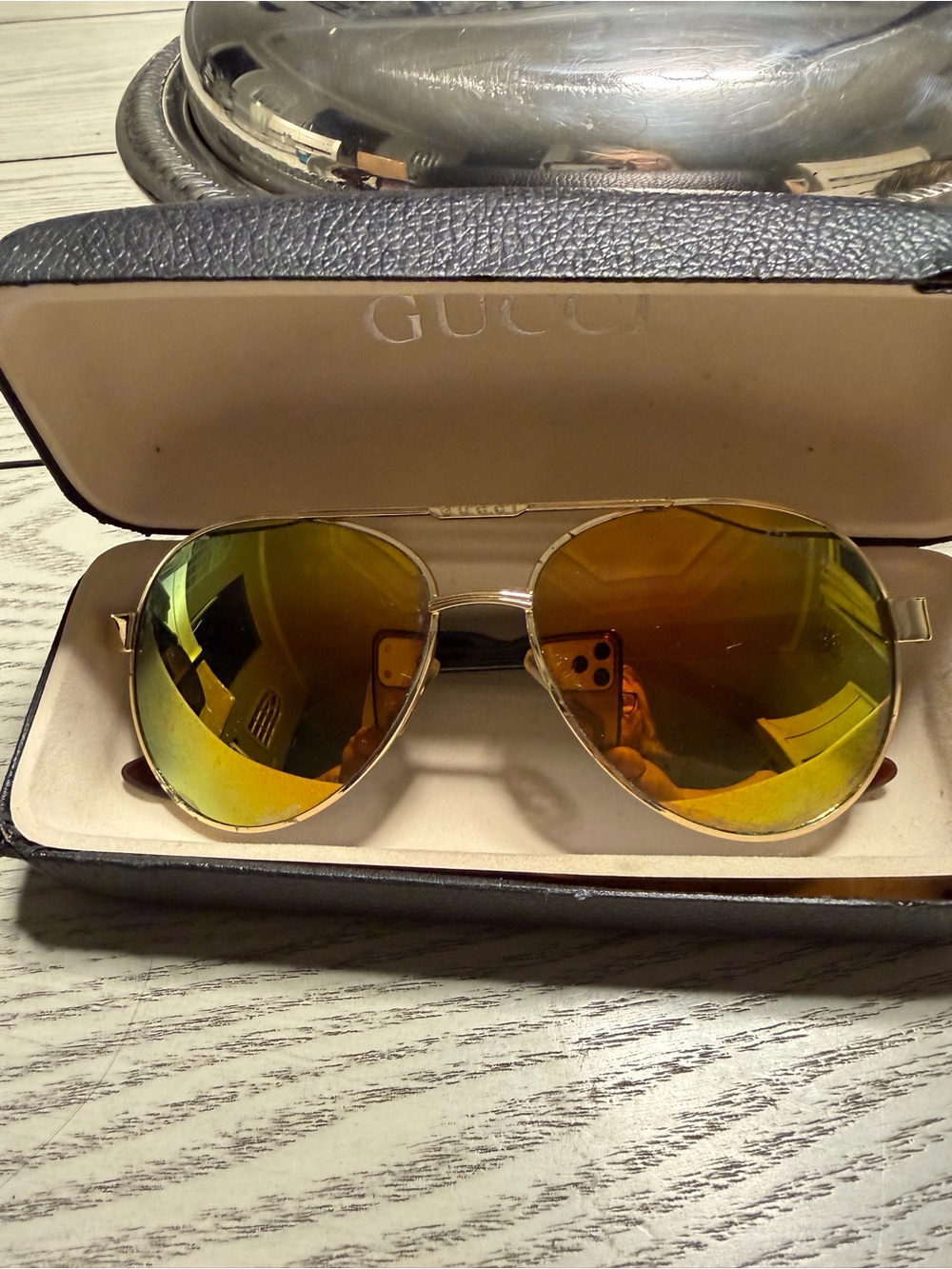 Gucci Gold Aviator Sunglasses with Green-Yellow Mirrored Lenses